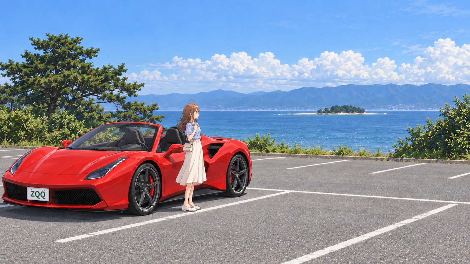In a car park in Irogahama in summer, a woman in a pale blue blouse and cream skirt stands beside a red convertible, looking at Mizushima in Tsuruga Bay