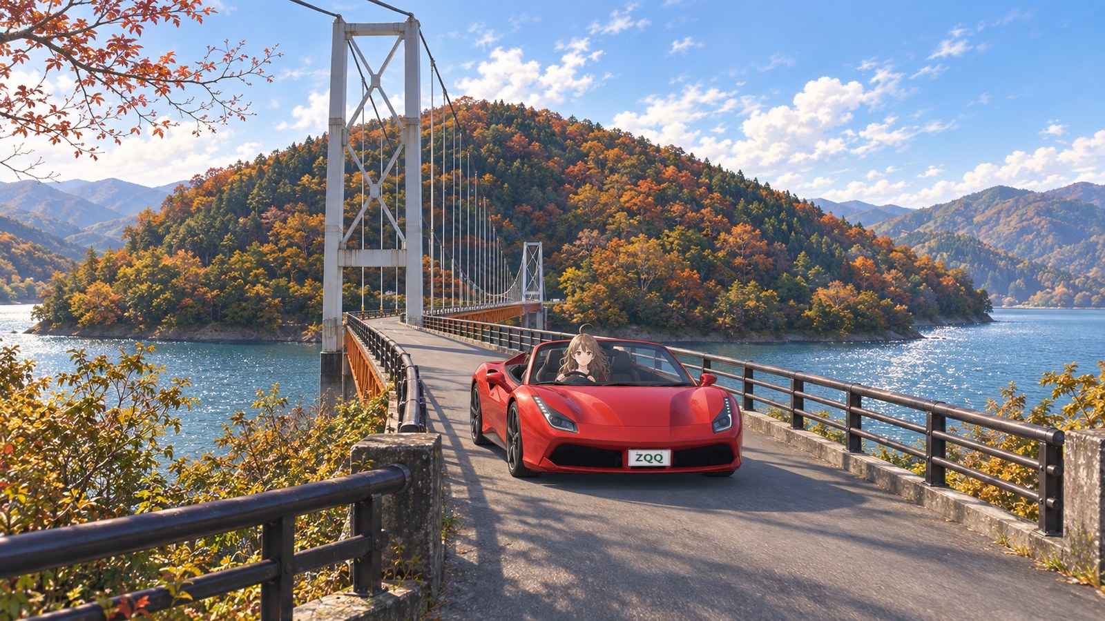 A woman drives a red convertible across Dream Bridge with autumn-coloured mountains and Lake Kuzuryu behind her