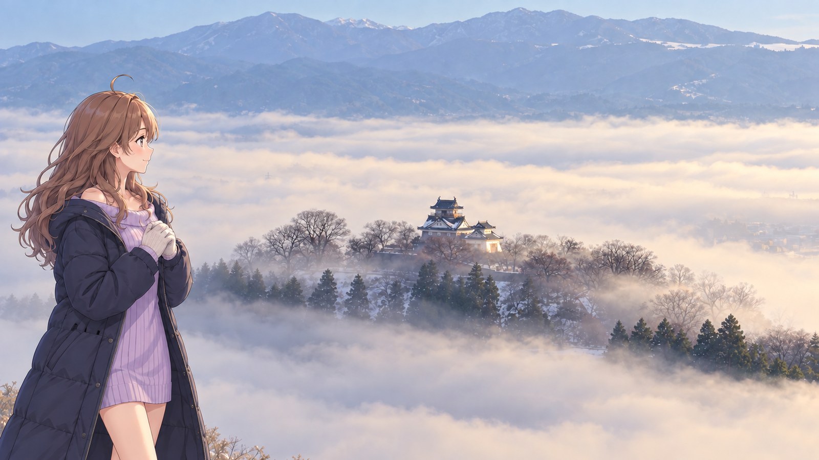 A woman in a long navy down coat and pale purple knit top brings her gloved hands together as she looks at Echizen Ono Castle, surrounded by a sea of clouds and snow-covered mountains