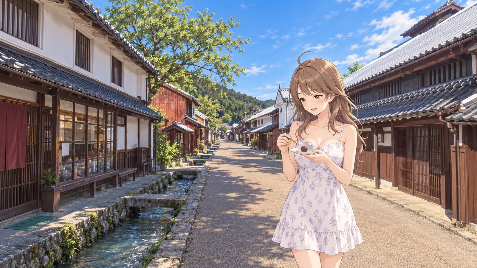 With Kumagawa-juku’s townhouses and narrow water channel behind her in early summer, a woman in a white dress with pale-purple flowers enjoys kuzu manju on a plate