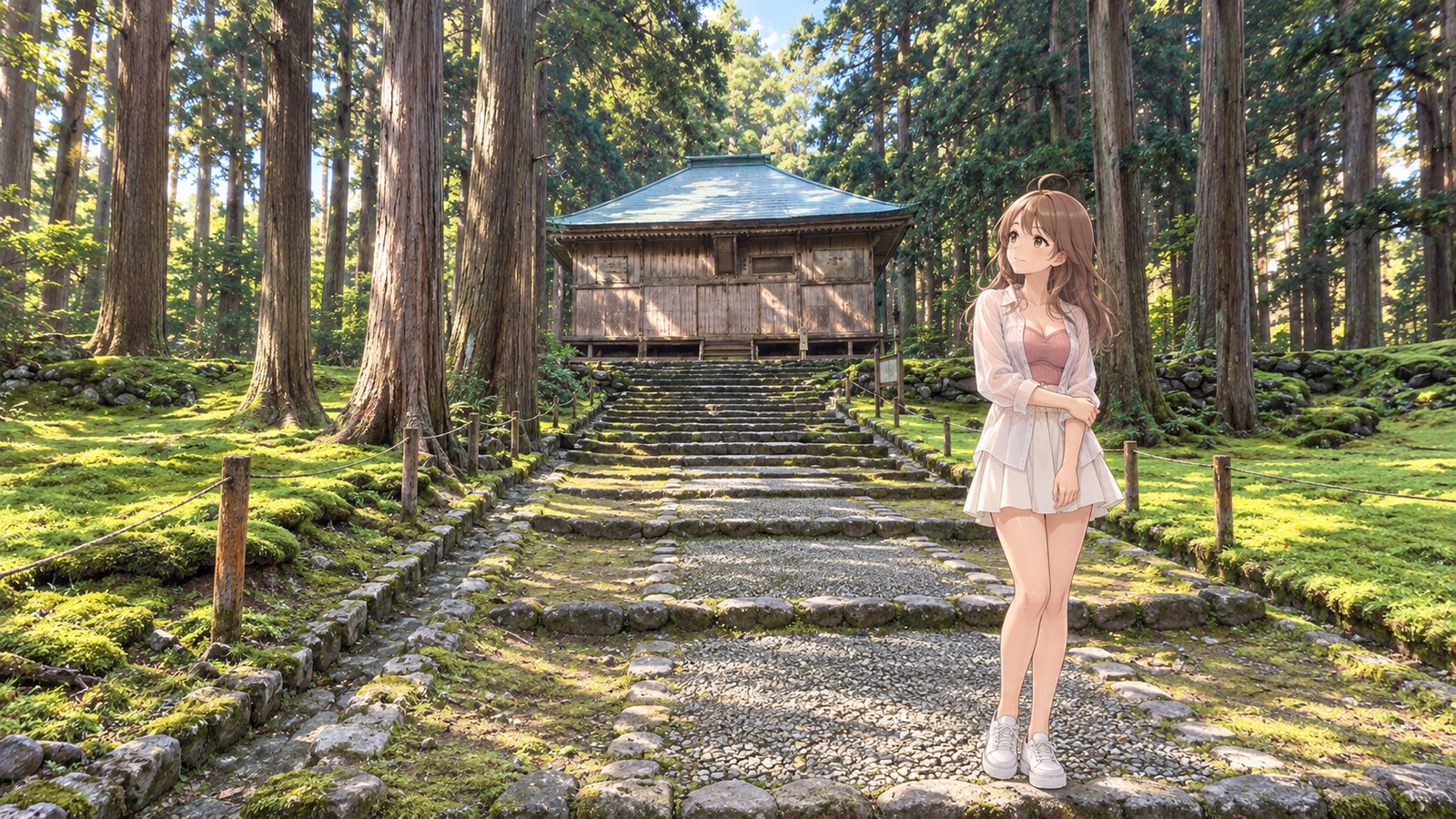 Early summer at Heisenji Hakusan Shrine. A woman in a white shirt and skirt with a pink top stands on a stone approach among cedars and moss, holding her cuff. The worship hall is visible farther along.