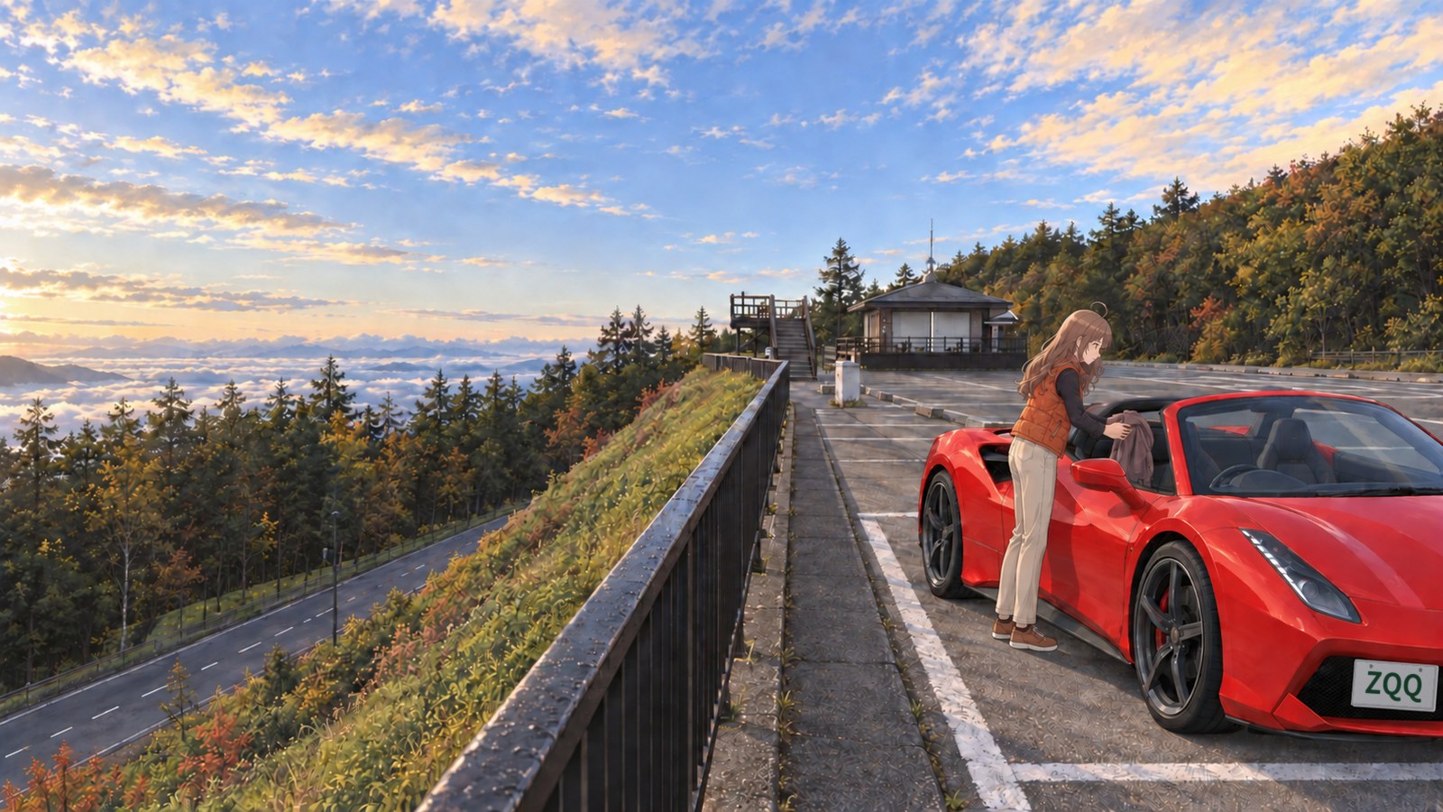 At Ōsawa Car Park on the Fuji Subaru Line, a woman in an orange vest and beige trousers places her jacket on the passenger seat of a red convertible, with autumn evening light and a sea of clouds in view