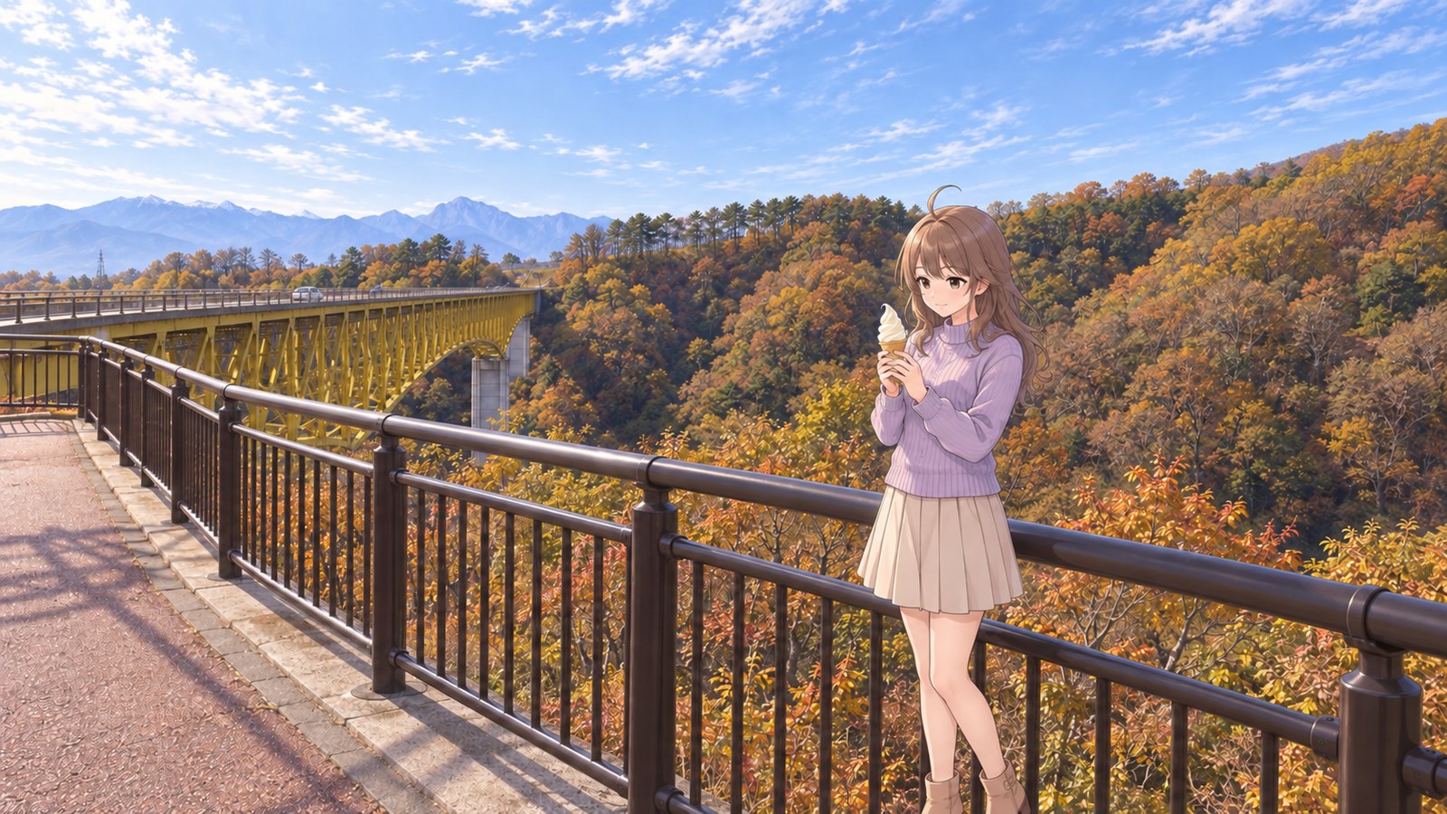 A woman in a pale purple sweater and beige skirt holds a soft-serve cone, with the yellow Yatsugatake Kogen Bridge and autumn foliage along the Kawamata River Gorge behind her.