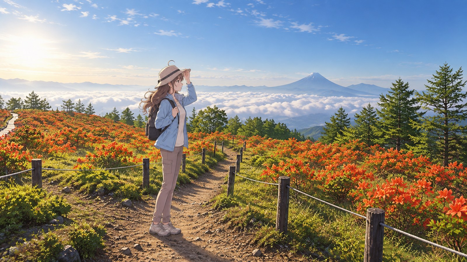 A woman in a pale blue jacket and trousers, carrying a backpack, holds her hat as she looks toward Mount Fuji from a rope-lined trail on Mount Amari. Japanese azaleas are in bloom, with a sea of clouds in the distance.