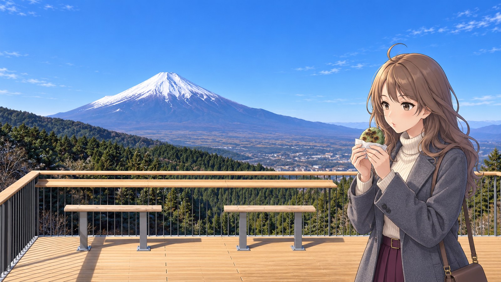 A woman in a gray coat cools a piece of mugwort mochi on the wooden viewing deck at Nijumagari Pass in winter. Beyond the railing lie the Oshino Basin and snow-covered Mount Fuji.