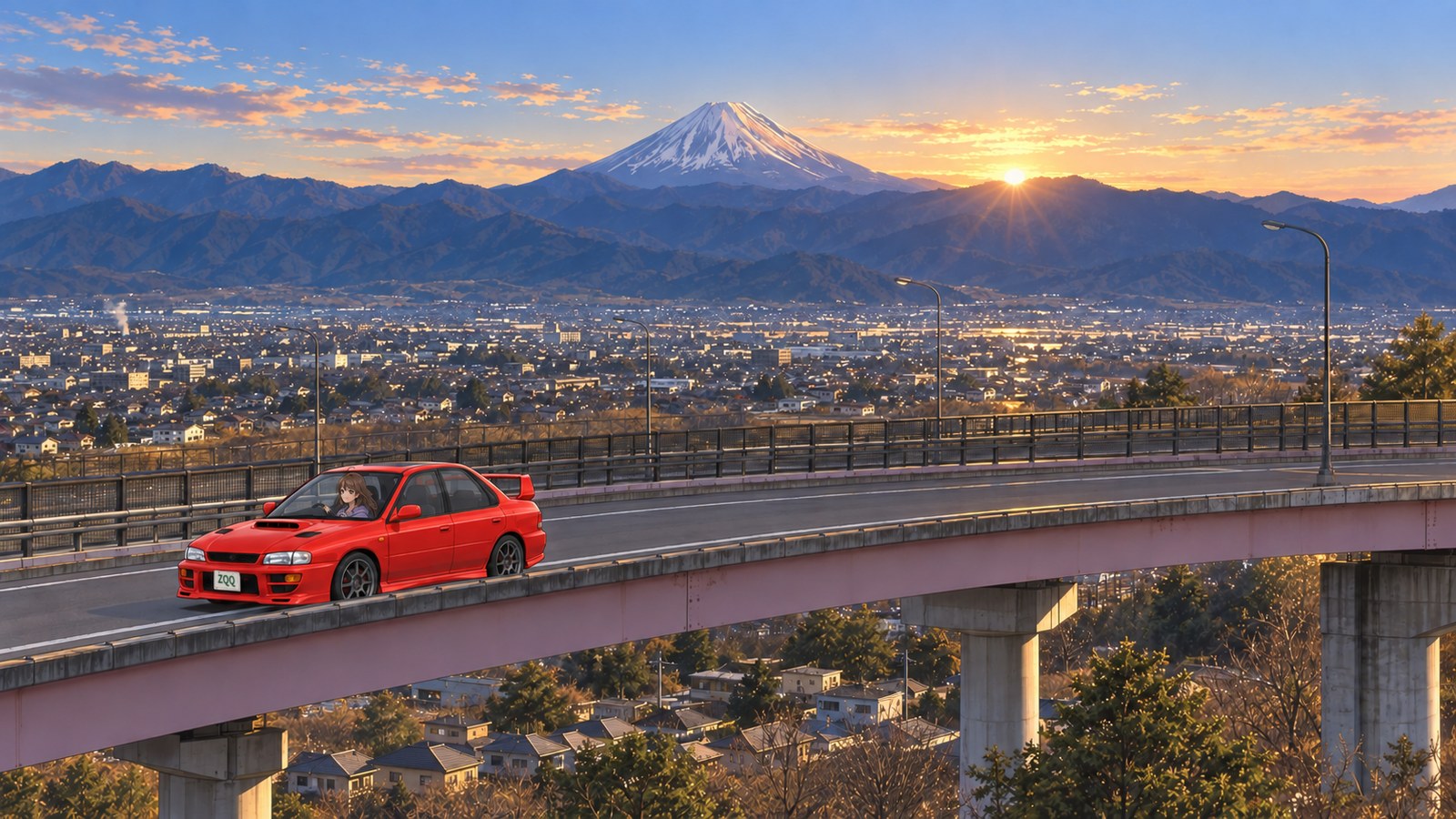 A red sedan rounds Tokakyo Bridge’s curve on a winter morning, with the Kofu Basin and Mt. Fuji in the background. The driver is at the wheel.