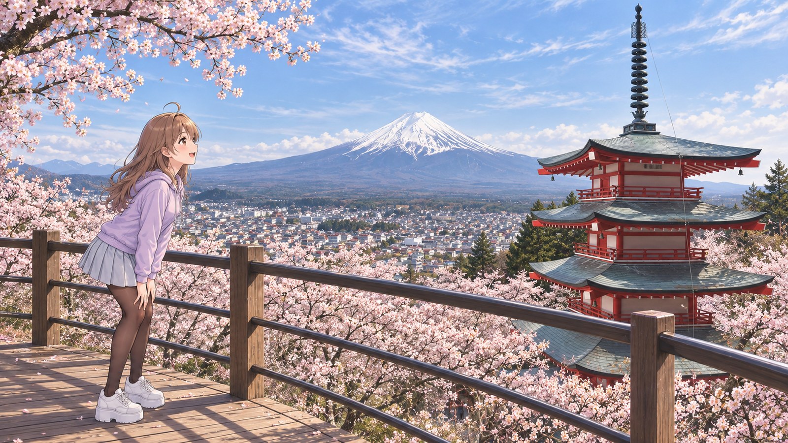 展望デッキから見る朱色の五重塔と満開の桜、雪の富士山。階段を上りきって膝に手をつき、息をはずませて笑う主人公