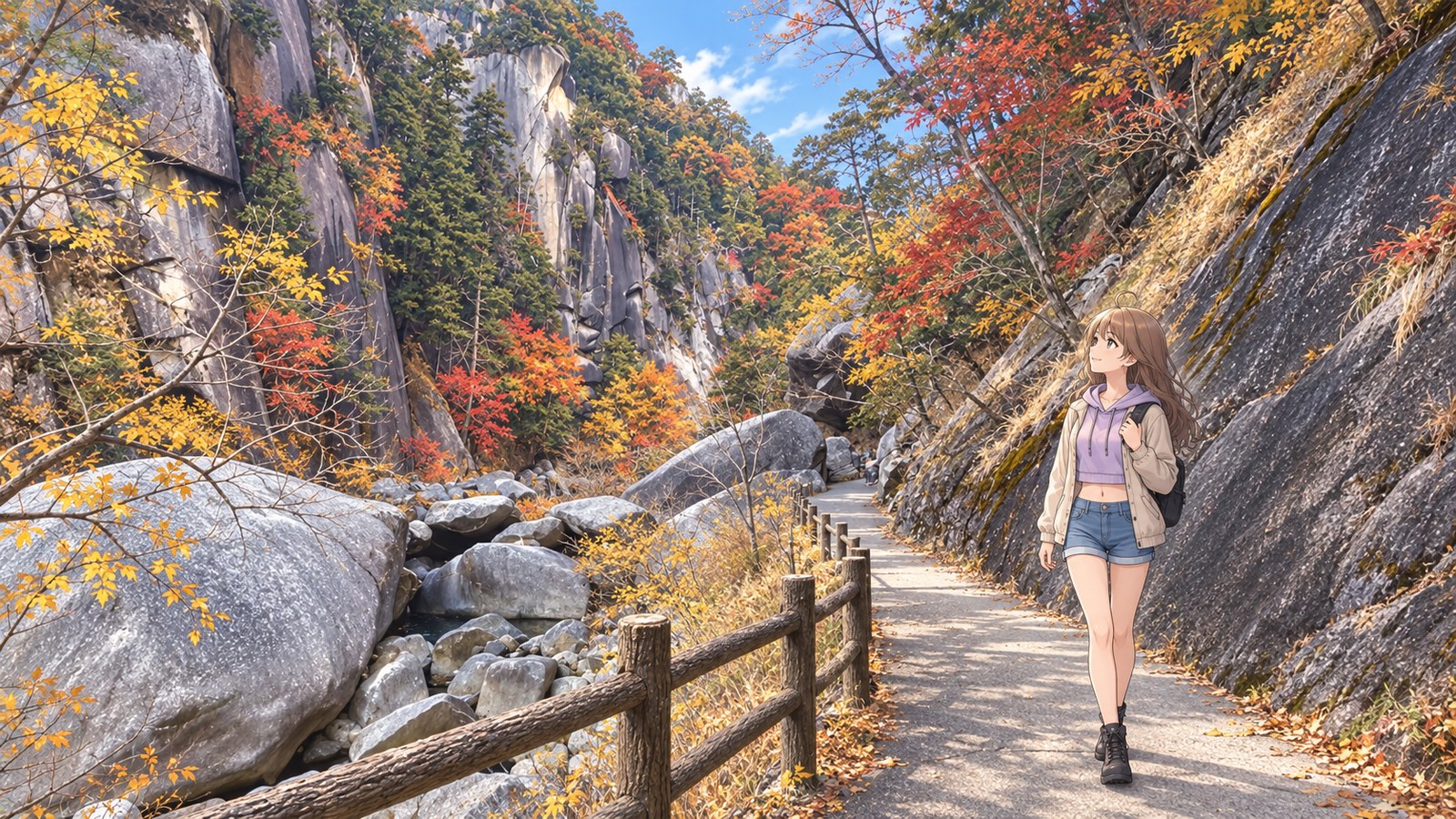Autumn at Shosenkyo Gorge. A woman in a pale lavender hoodie, a light jacket and denim shorts holds her backpack straps as she looks up at a cliff from a trail lined with autumn leaves.