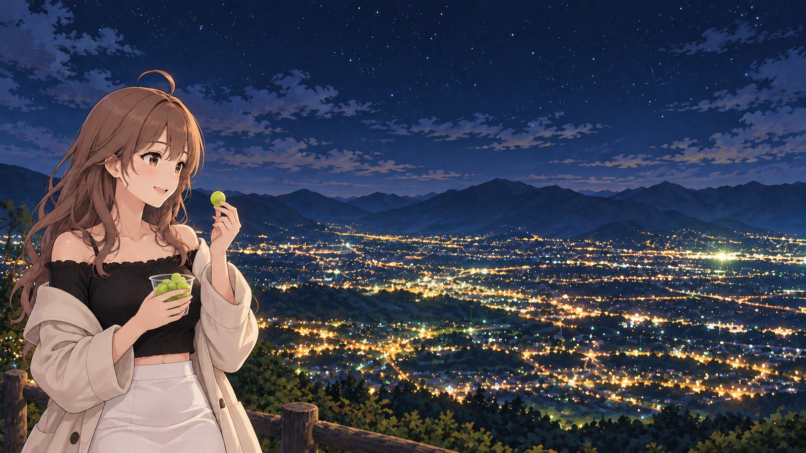 The night view over the Kofu Basin from Fuefukigawa Fruit Park. A woman in a black top and cream-coloured coat picks a green grape from a cup.