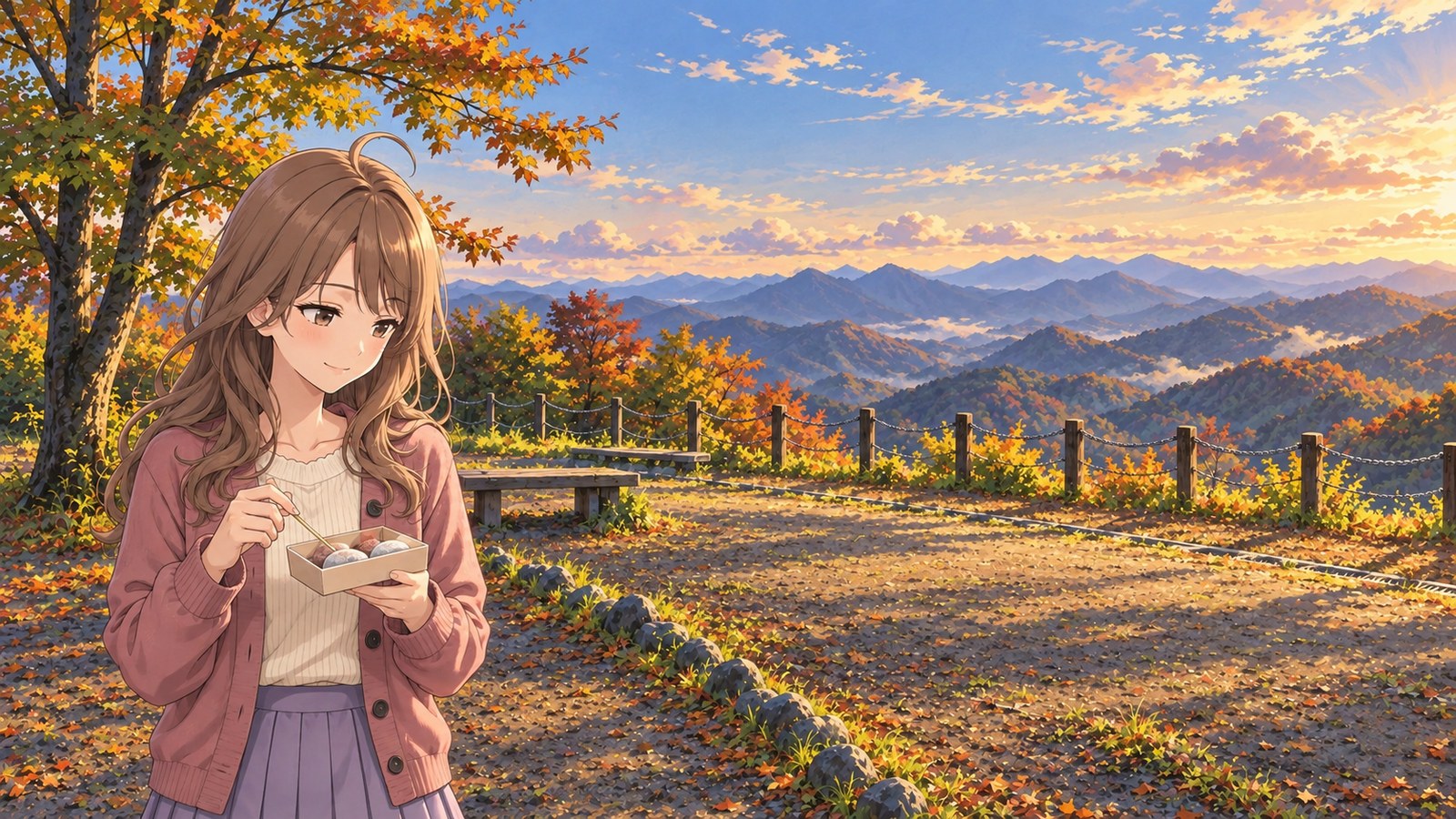 At the Old Usui Pass Lookout in autumn, a woman in a pink cardigan holds a box of chikara mochi. Beyond a wooden bench and a low chain fence, layers of mountain ridges stretch into the distance.