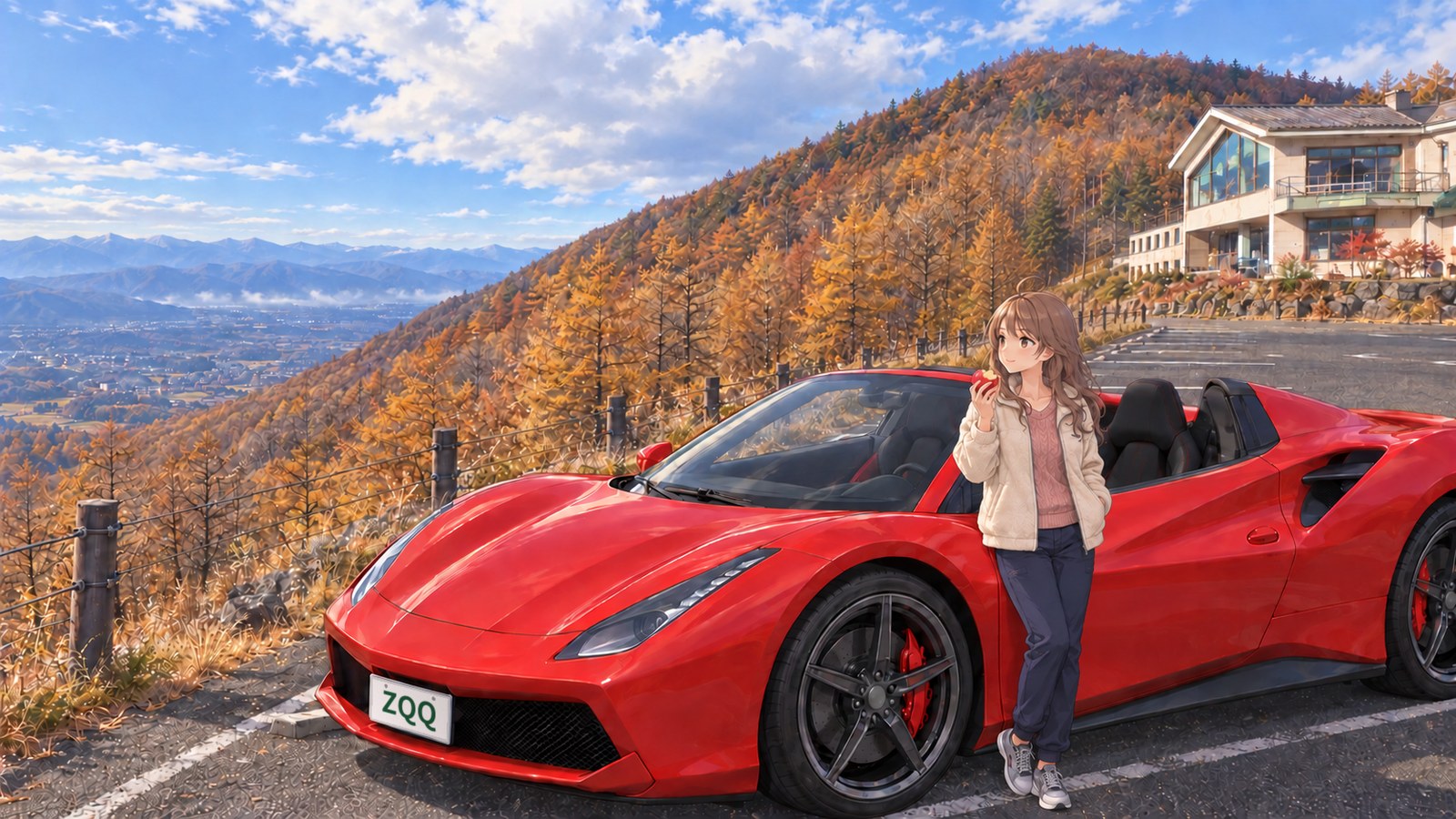 A woman wearing a fleece jacket and navy trousers bites into an apple beside a red convertible in the car park at Takamine Highlands. A larch-covered slope and the Saku Plain are visible to the left of the building.