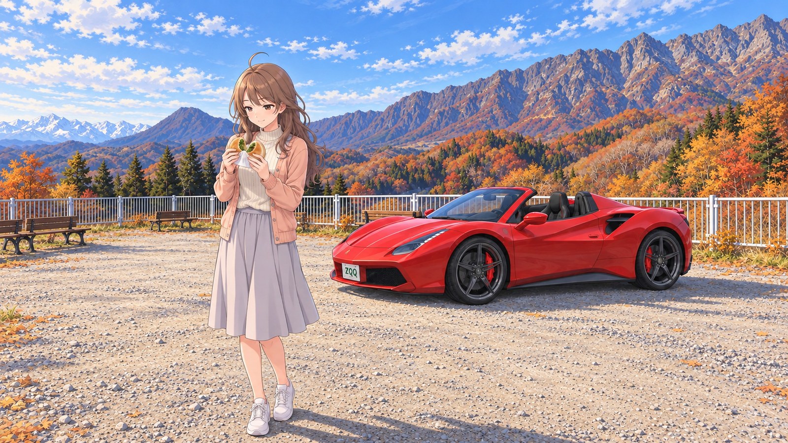 At Daibō Pass Lookout in autumn, a woman in a pale cardigan and skirt splits open an oyaki. A red convertible is behind her; beyond the white railing, the rocky ridges of Nishidake and distant mountains come into view.