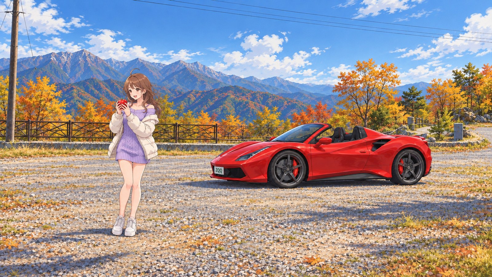 At Shirabiso Highland’s gravel car park, a woman in a cream-colored coat and pale purple sweater holds a red apple. Her red convertible is parked nearby, with the Southern Alps rising beyond a fence.