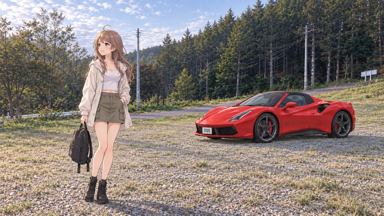 At the Kiso-side trailhead of Gonbei Pass in early summer, a woman in a cream coat and khaki skirt looks into the forest with a bag in hand. A red car is parked on the gravel clearing, with the old road and conifers visible beyond.