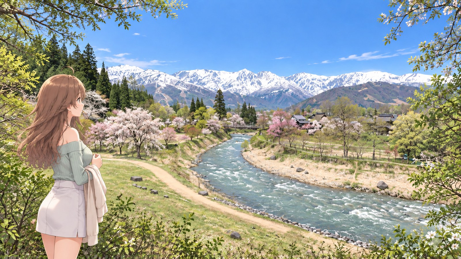 Spring at Oide Park. A woman in a mint-colored top holds a cardigan to her chest as she looks toward cherry blossoms along Himekawa River, the distant suspension bridge, and the snow-covered Hakuba Range.