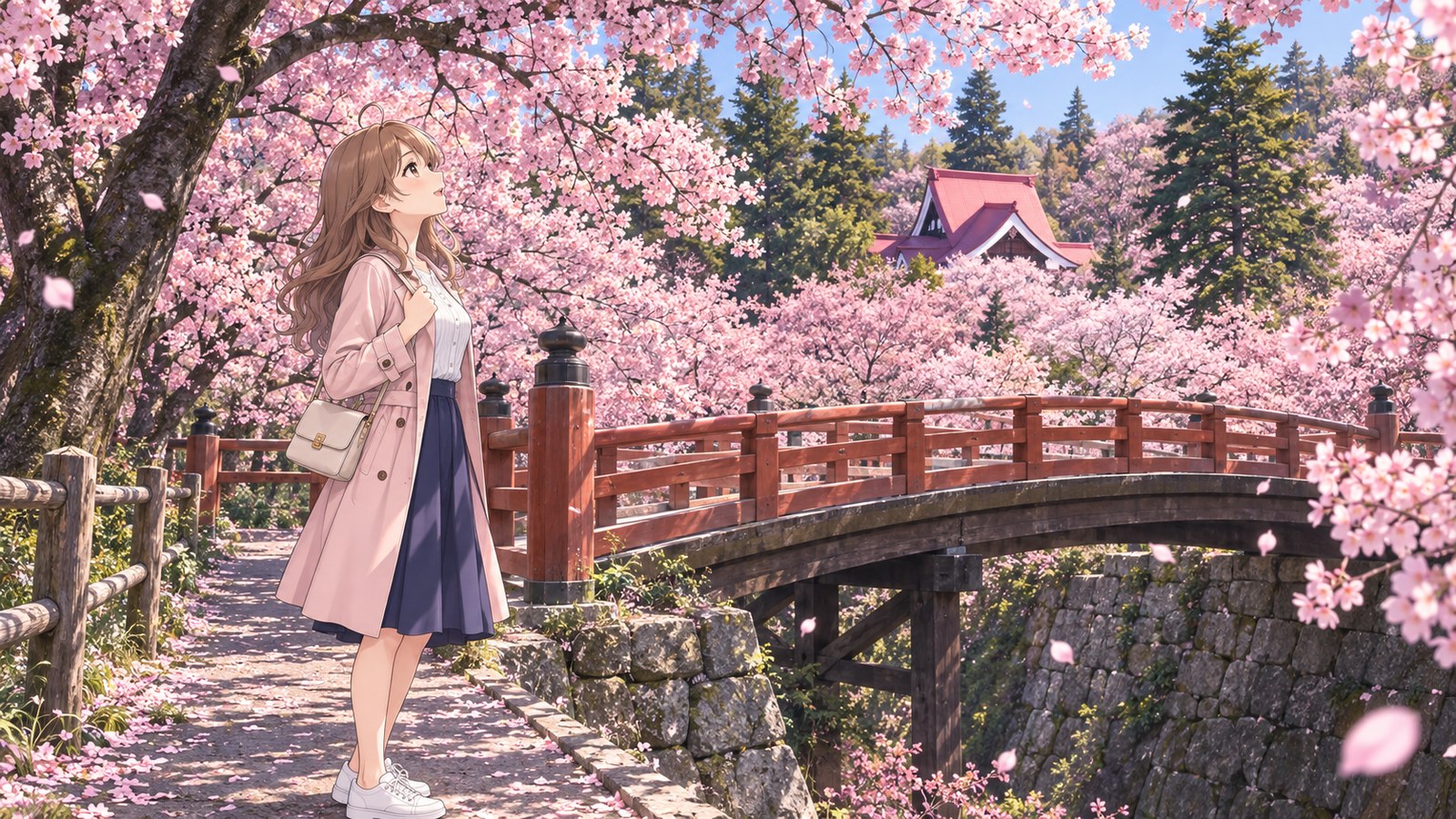 朱色の欄干の桜雲橋と濃いピンクのタカトオコヒガンザクラ。桜の天井を見上げてうっとりする主人公