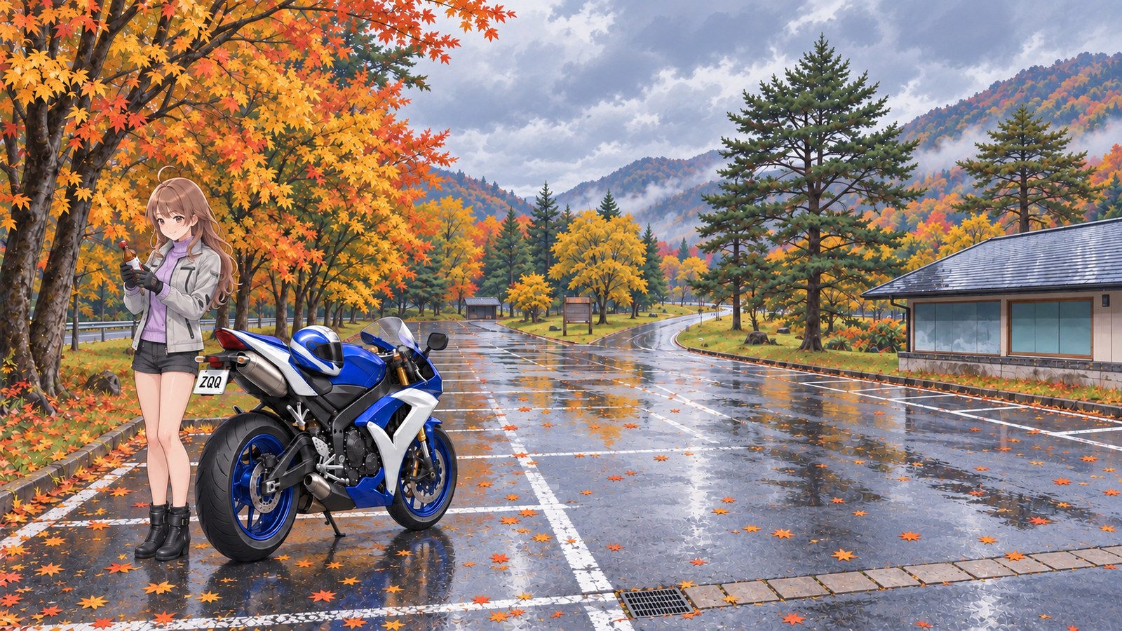 Autumn at the Pascal Kiyomi car park. A woman in a grey jacket stands beside a blue-and-white motorbike, holding a little bottle with a red lid in both hands and admiring it.