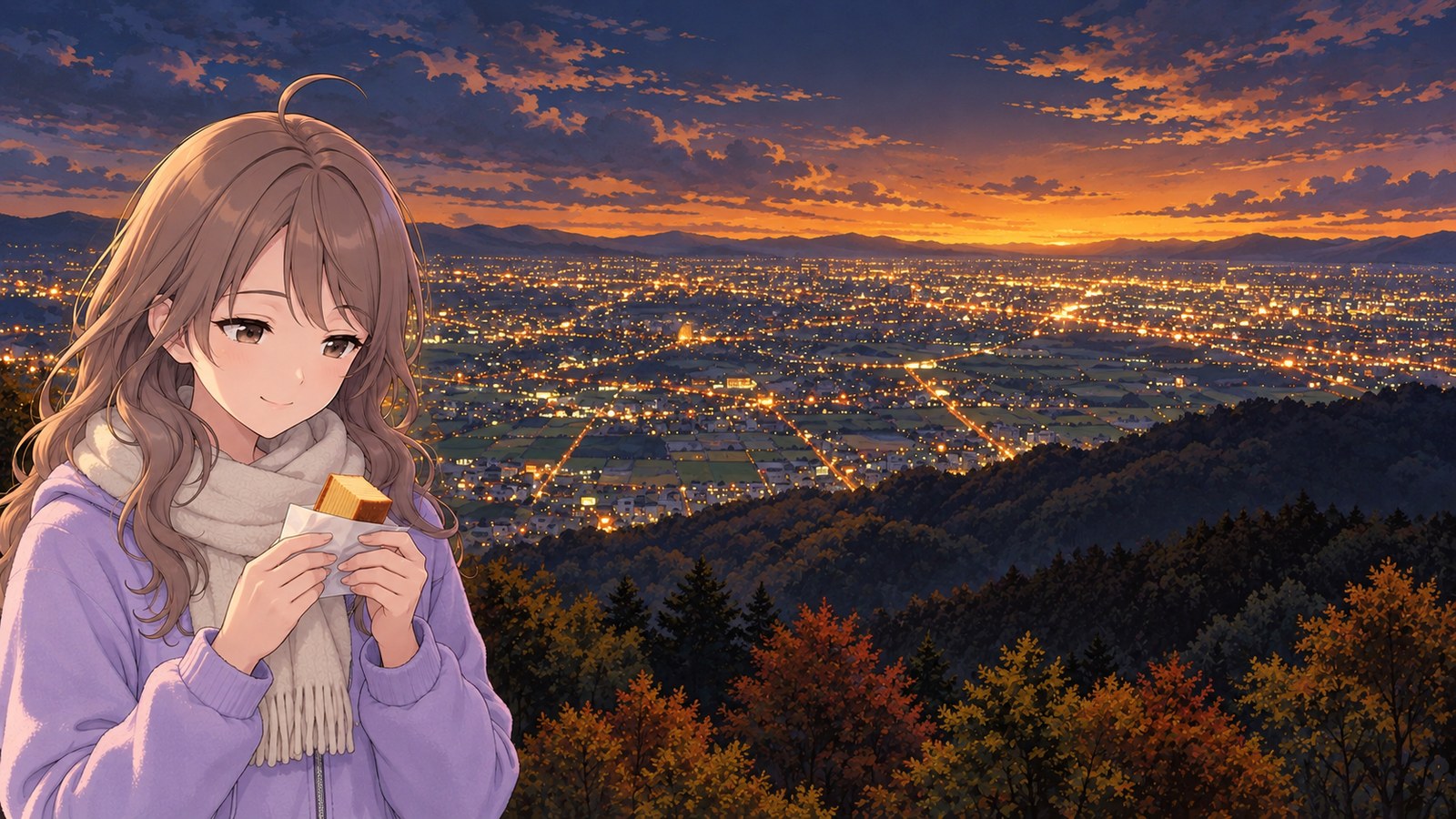 At the lookout on Mount Ikeda on an autumn evening, a woman in a pale purple jacket and a cream-colored scarf holds baumkuchen. Beyond the dark mountain silhouettes, town lights spread across the Nobi Plain.