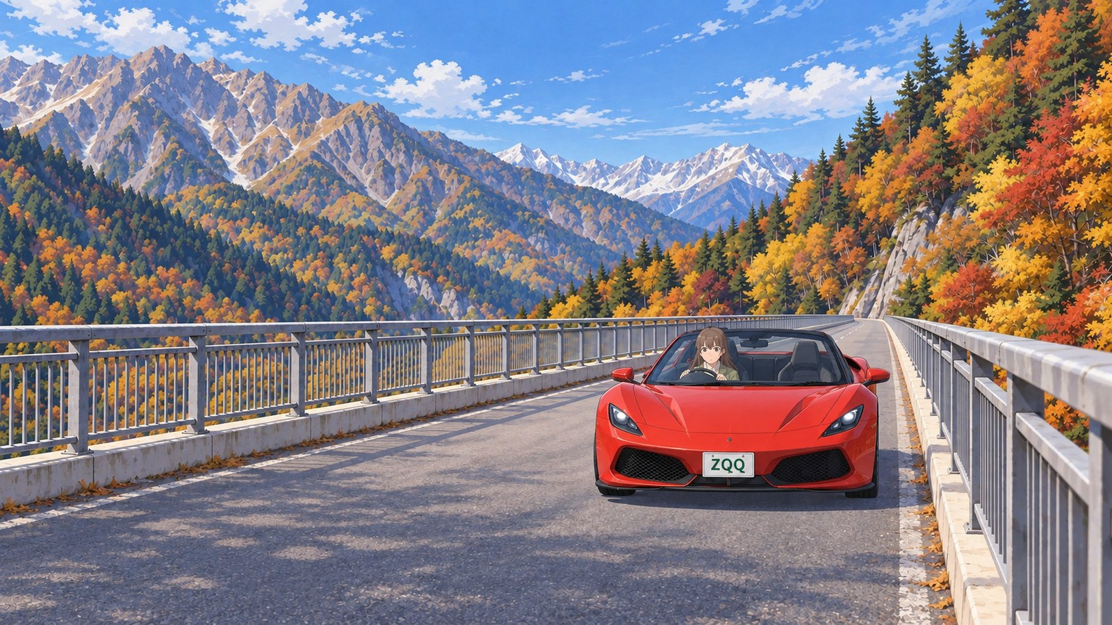 On an autumn drive across Kita Alps Bridge, a woman in a sage-colored jacket drives a red car. She is at the wheel on the car’s right-hand side, toward the left of the image, facing forward with both hands on it. Beyond the railing are autumn-colored slopes and rocky peaks, with distant mountain ridges marked by white streaks.
