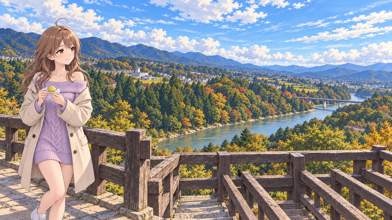 Near the former keep at Naegi Castle Ruins in autumn, a woman in a pale lilac sweater, beige coat and long white socks holds chestnut kinton on a sheet of paper. Beyond the wooden railing and descending steps, the Kiso River curves through the landscape. A bridge stands in the distance on the right, with mountains and a town beyond.