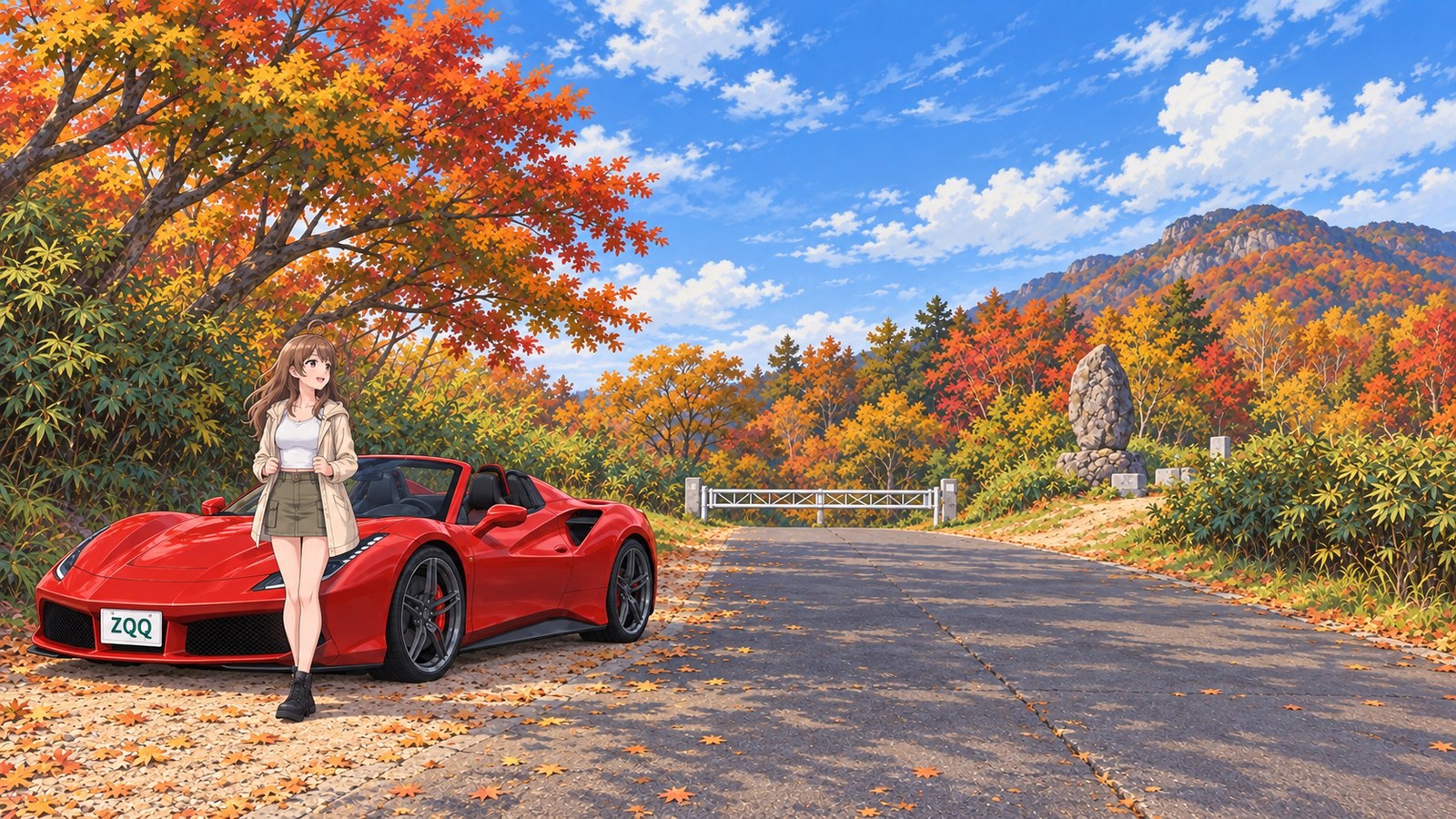 At Kanmuriyama Pass in autumn, a woman in a beige coat holds the collar closed with both hands. A red convertible is parked near a gate and stone monument, with mountains covered in autumn foliage and rocky peaks beyond.