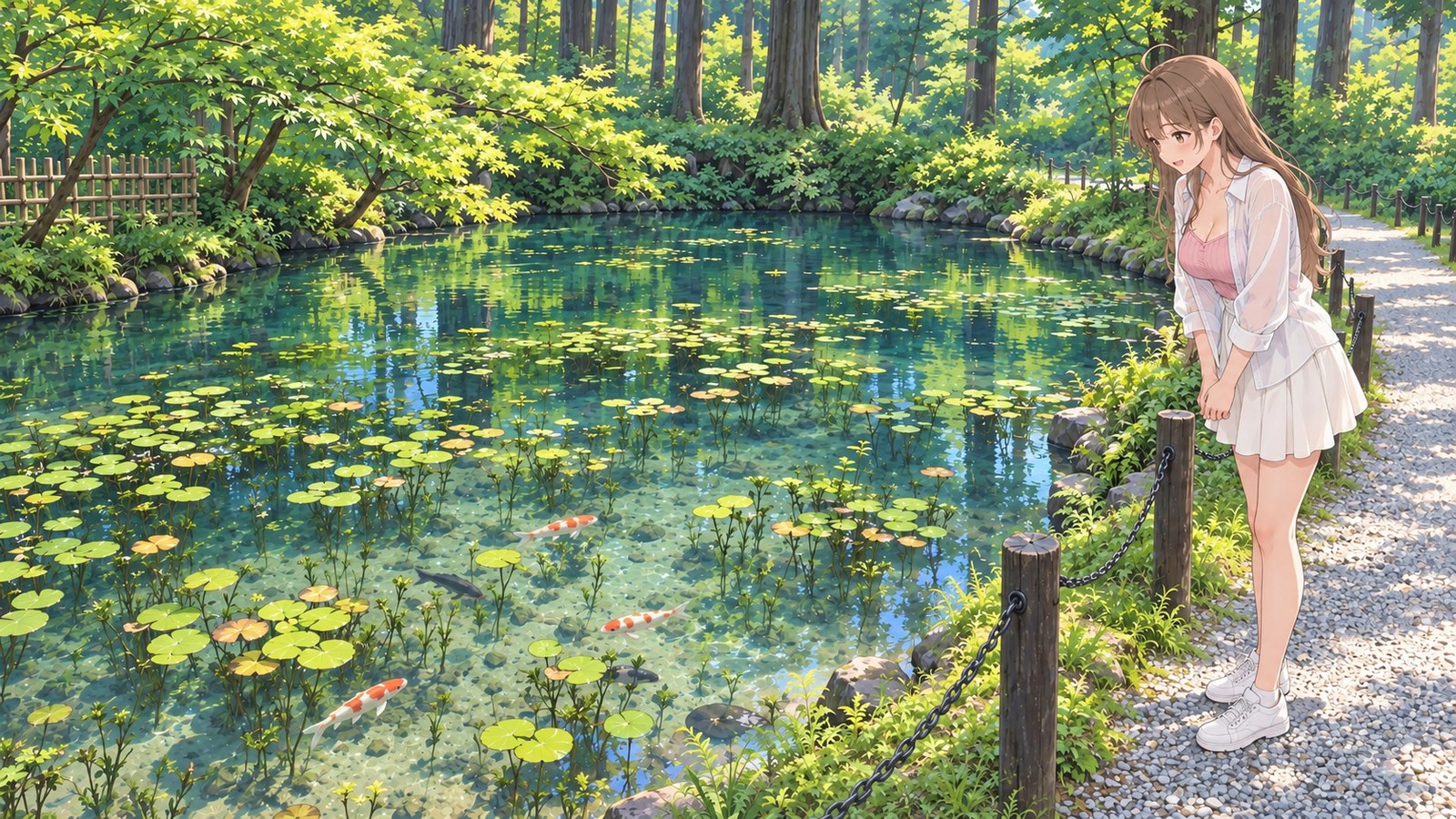 At Monet’s Pond in early summer, a woman wearing a white jacket, a pink top, and a skirt stands with her hands clasped in front as she watches the carp. A gravel path and chain fence border the clear pond, with lily pads on the water and a cedar grove beyond.