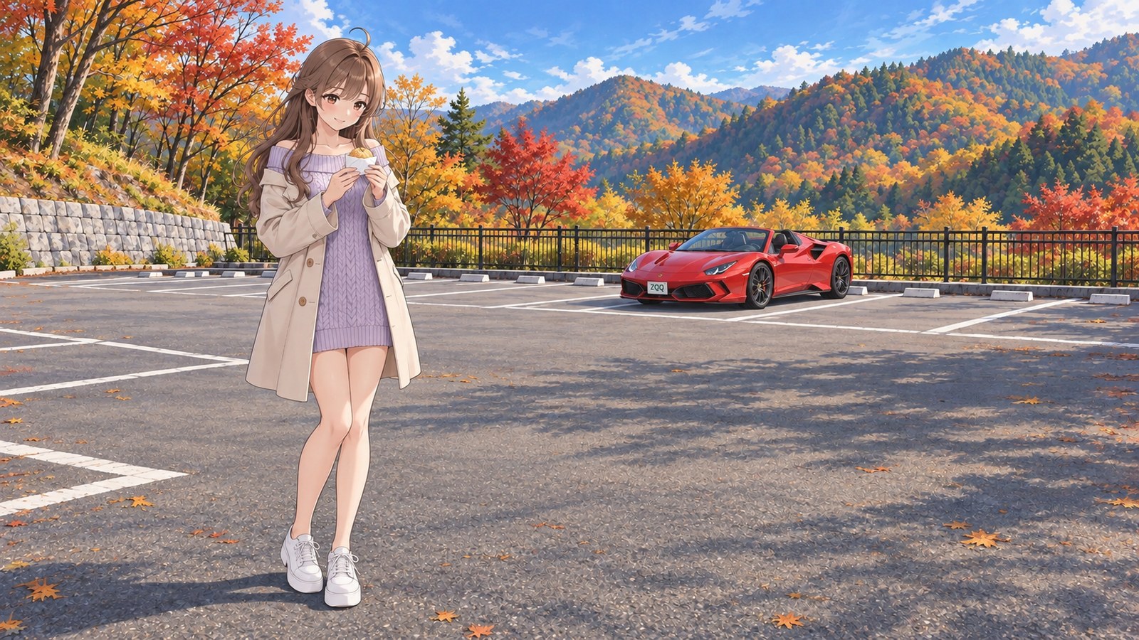 The No. 1 car park at Ena Gorge in autumn. A woman in a lavender knit top under a coat holds a paper-wrapped chestnut kinton in both hands. A red convertible is parked behind her, with autumn-coloured mountains beyond it.