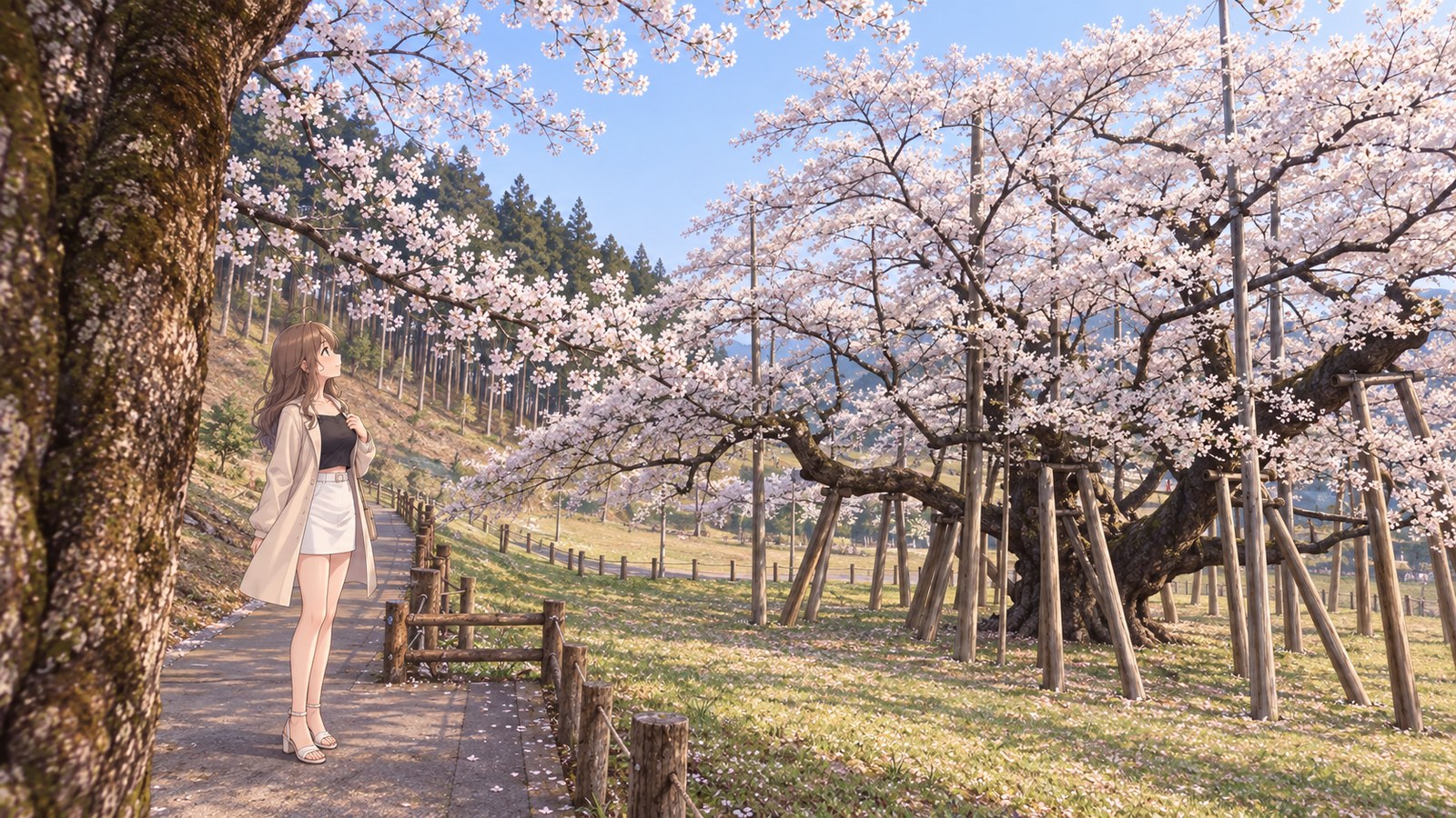 The Neodani Usuzumi-zakura in full bloom. A woman in a cream-coloured coat looks up from the path outside the protective fence at a broad, blossom-covered branch held up by wooden supports.