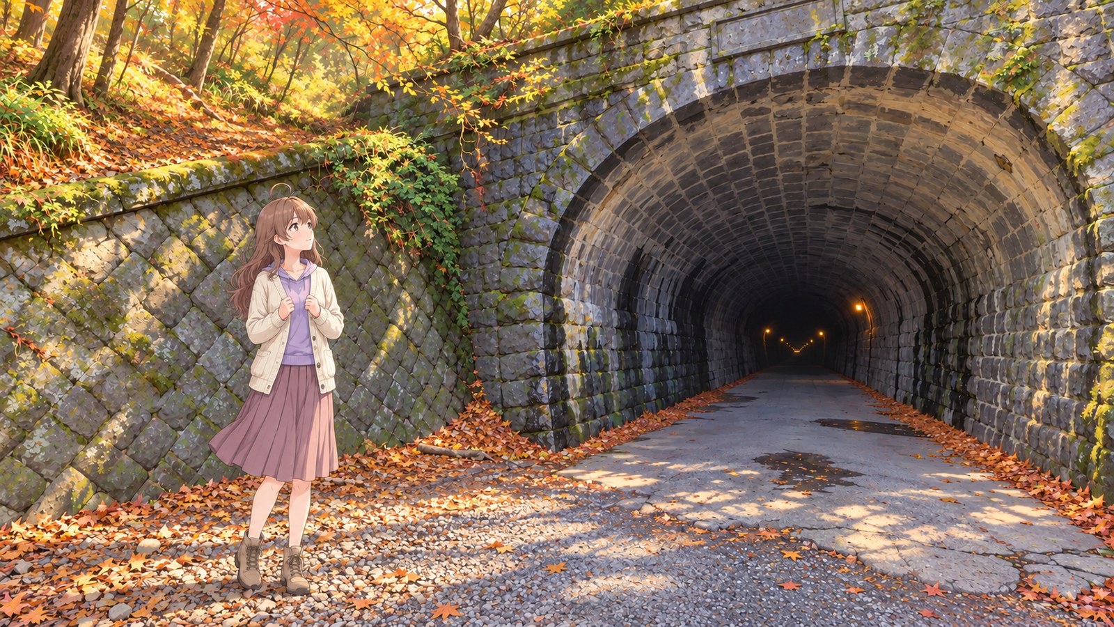 A woman stands beside the stone arch of the Old Amagi Tunnel, looking up and holding the ends of her cream cardigan in both hands. She wears a lavender top, a muted pink skirt, tights and boots; fallen leaves lie at her feet.
