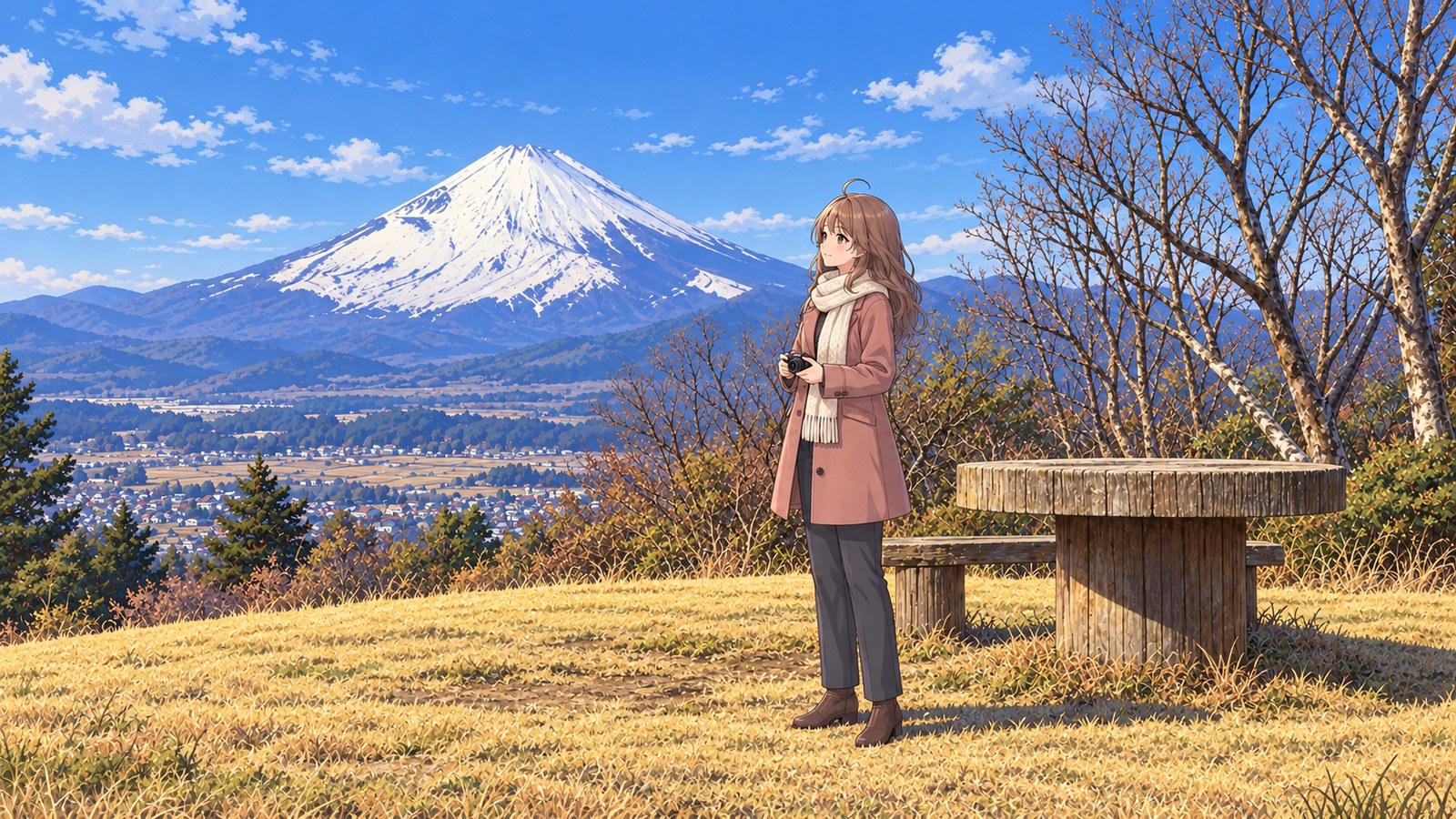 At the Ashigara Castle ruins in winter, the narrator looks at Mount Fuji with a camera held at her waist. She wears a dusty pink coat, white scarf, dark trousers and boots. Snowy Fuji, the town, dry grass, a log table and bare trees are visible