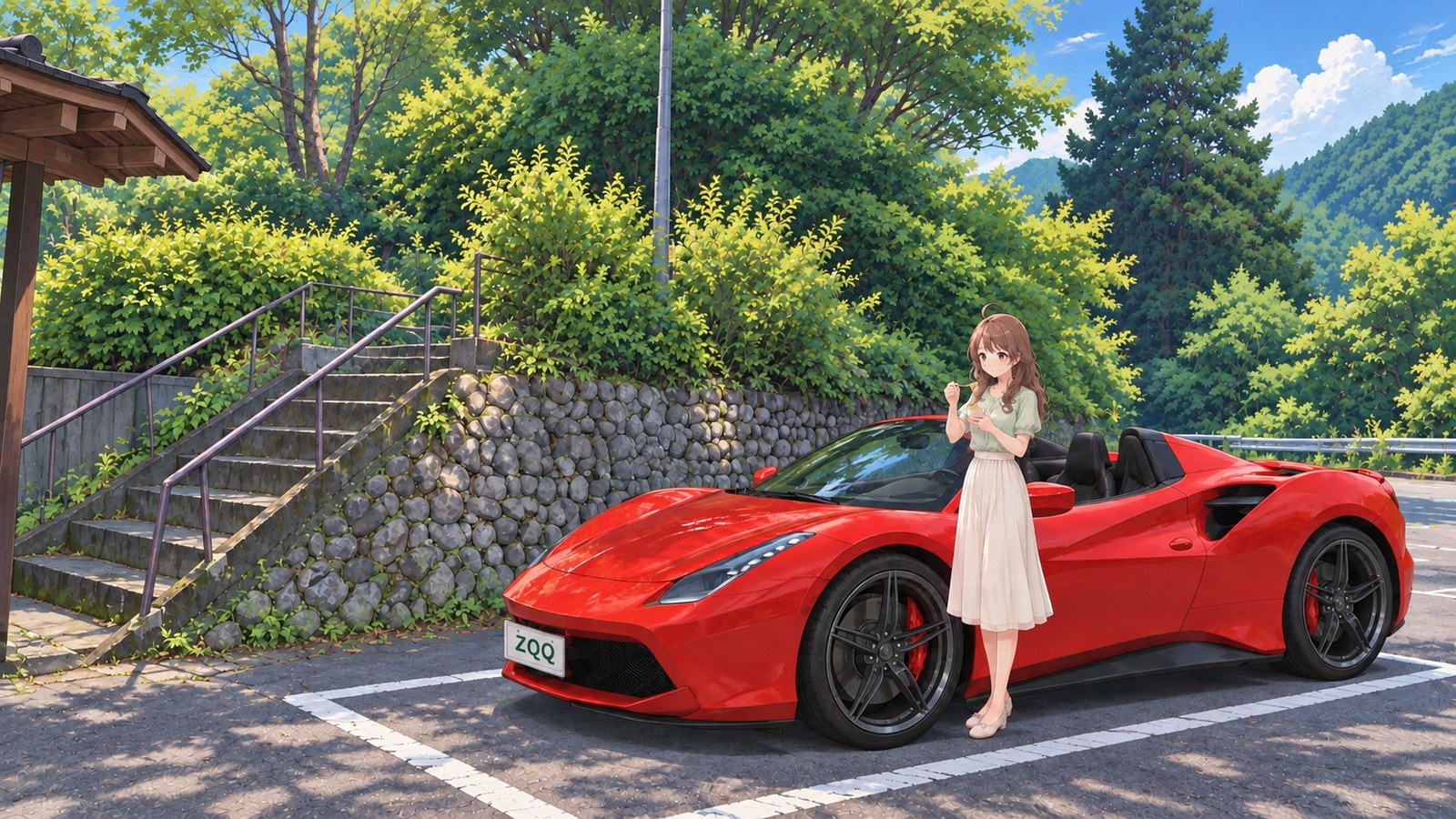 At the car park marked with white lines beside Koizumiya, a woman in a mint short-sleeved blouse and long cream skirt lifts a spoonful of Kosodate-ame from a cup. A red convertible, stone wall and steps, and early-summer trees are nearby.
