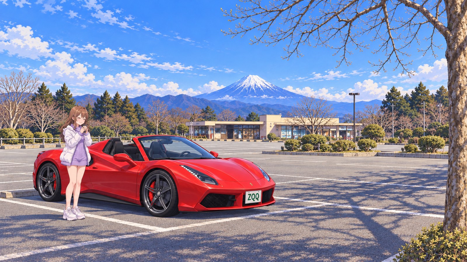 In winter, in the car park at Nihondaira, a woman wears a white down coat over a lavender knit dress, with white socks and trainers. She closes her eyes and holds an insulated mug in both hands. A red convertible, a low building, bare trees and snow-covered Mount Fuji in the distance complete the scene.