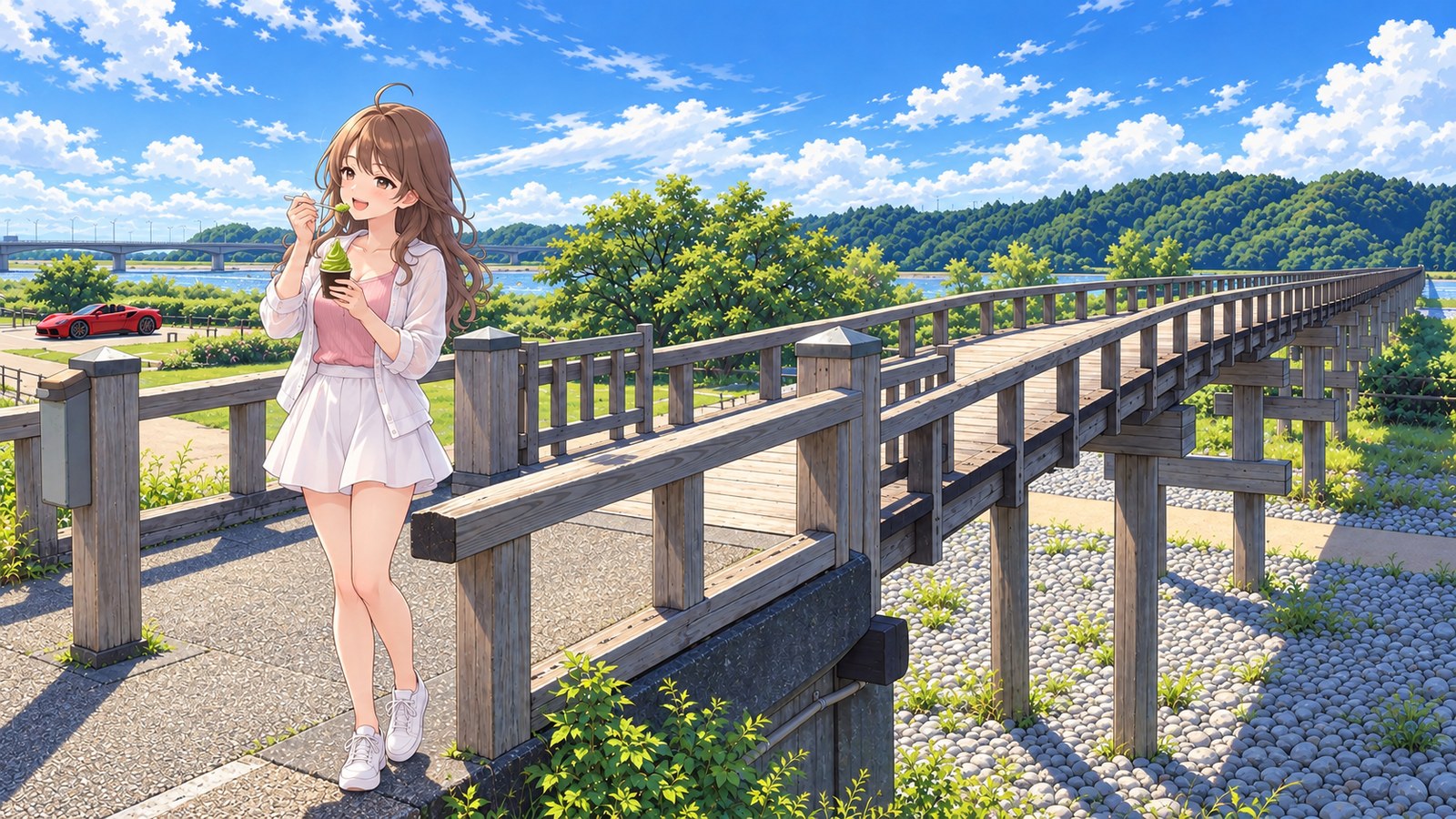 At the entrance to Horai Bridge in summer, the heroine, wearing a white jacket and skirt with a pink top, eats Shimada tea soft serve with a spoon. Behind her are the long wooden bridge, the wide riverbed of the Oi River and a red convertible in the car park beyond.