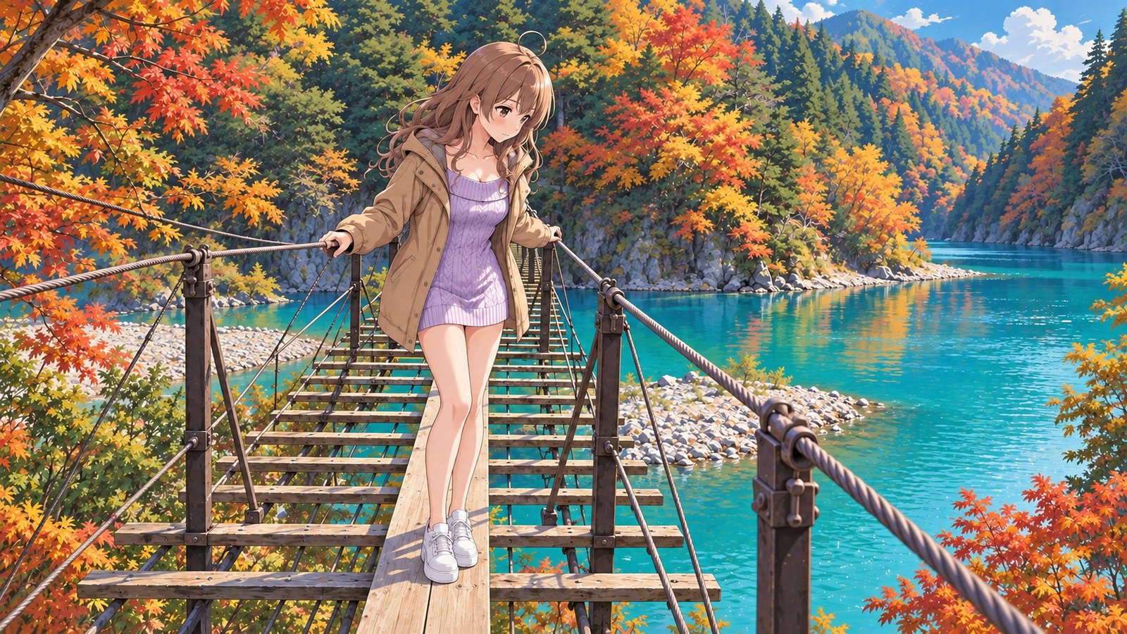 A woman holds the wire with one hand and cautiously peers down at the lake. She stands on the narrow Yume no Tsuribashi, with emerald-colored water below and autumn foliage on the surrounding hills.
