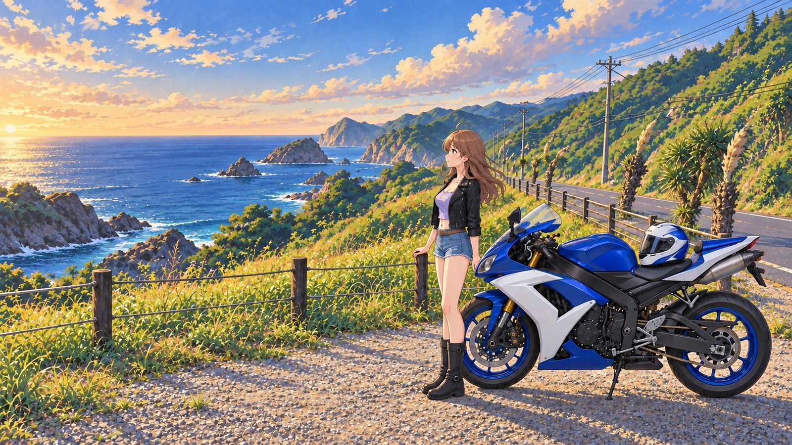 At the entrance to Yusuge Park in summer, a woman in a short black jacket and denim shorts looks along the coast beside her blue-and-white motorbike parked on gravel. Her helmet rests on the seat, with the road to the right.