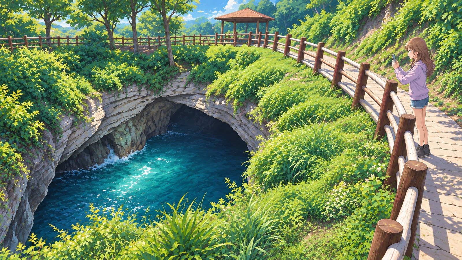 Dōgashima Tensōdō Cave in summer. A woman in a lavender hoodie and denim shorts stands behind the trail railing, holding her phone in both hands to photograph the skylight. At the bottom of the rocky, grassy hollow, the sea is visible, with a gazebo farther back.