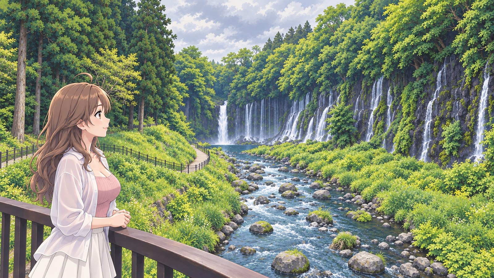 Shiraito Falls in early summer. The narrator, wearing a white shirt over a pink top, stands in front of the bridge rail with one hand resting over the other and looks out at the river and the fine streams spilling from the curved rock wall.