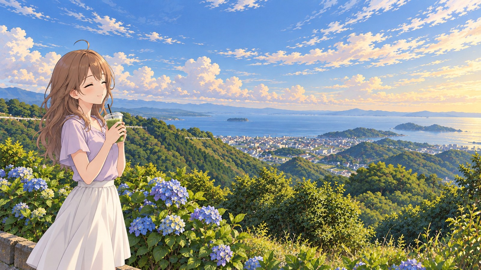 At the Mt. Sangane lookout in early summer, a woman in a lilac short-sleeved blouse and white skirt holds a clear cup of chilled Nishio matcha in both hands, eyes closed. Hydrangeas, a mountain ridge, a town and the islands of Mikawa Bay are visible.