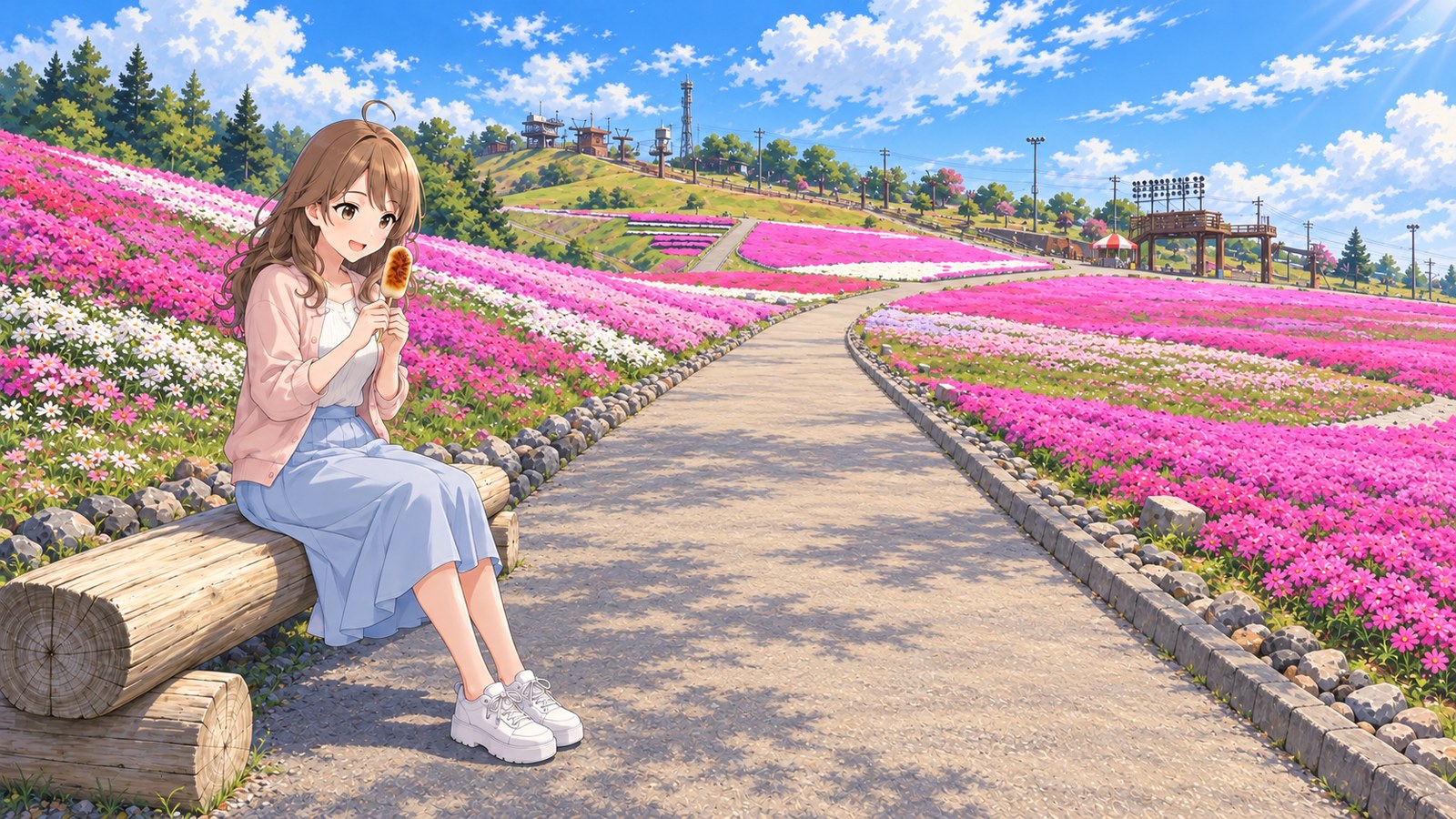 On the moss phlox hill at Chausuyama Highland in late May, a woman in a pale pink cardigan, white top, light blue long skirt and white sneakers sits on a log bench, holding a skewer of gohei-mochi in both hands and looking at it. A paved path runs among the flowers, with chairlift facilities at the top of the hill.