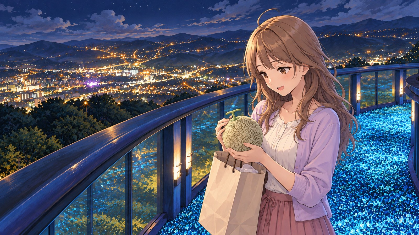On the walkway at Zao Observatory on a summer night, a woman in a white short-sleeved blouse, pale lavender cardigan and muted pink skirt looks at a netted melon she has taken from a paper bag, holding it in both hands. A curved railing made of clear panels runs beside a blue-lit floor, with town lights below.