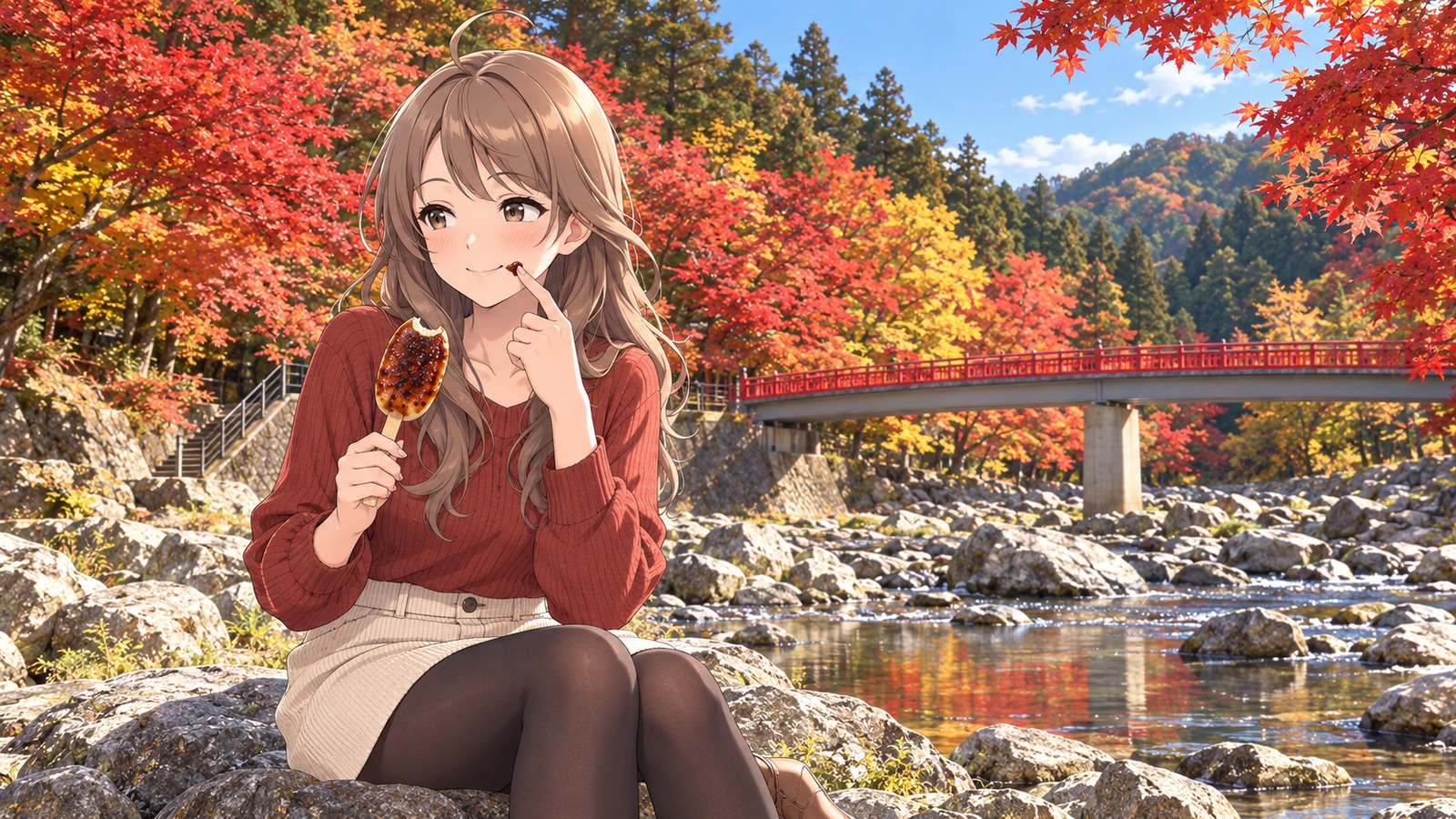 燃えるような紅葉と朱色の待月橋の香嵐渓で、五平餅をほおばり、口元のたれを指でぬぐって照れ笑いする主人公