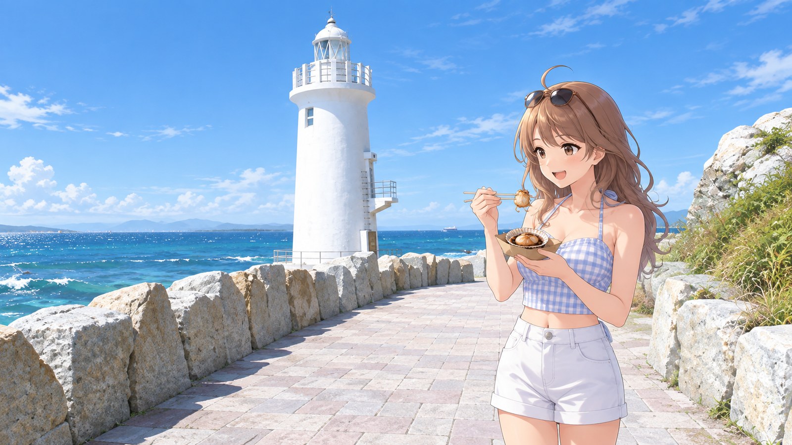 At midday in July, beside the paved path near Cape Irago Lighthouse, a woman in a pale blue checked halter top and white shorts, with sunglasses perched on her head, lifts a piece of clam from its shell with chopsticks over a paper tray. The white cylindrical lighthouse has a circular gallery; a line of stones borders the shore, with a rock to the right and blue sea beyond.