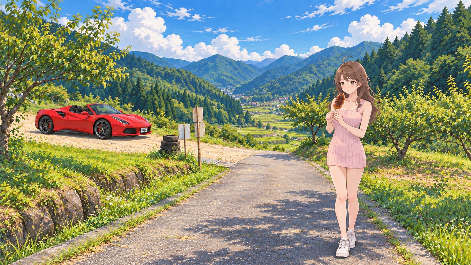 Yotsuya Senmaida in early summer. The narrator, wearing a pink dress, holds a gohei-mochi with the terraced fields between the mountains behind her. A red open-top car is parked on the gravel at left.