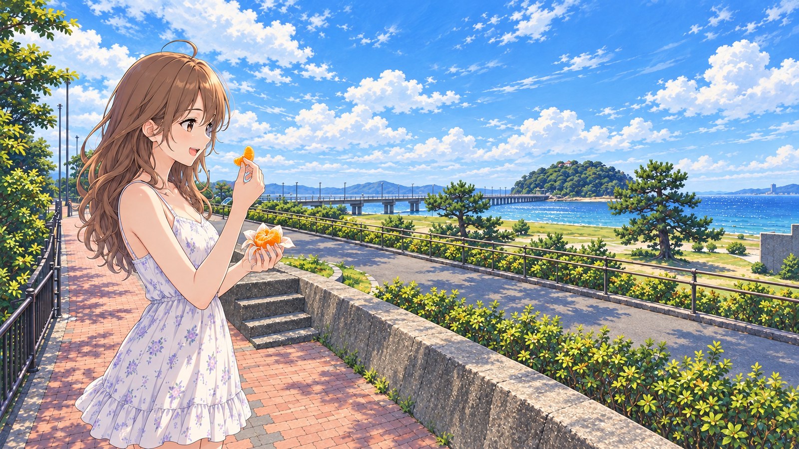 Takeshima Park in summer. Wearing a white dress with small flowers, the narrator holds a peeled greenhouse-grown mandarin. Beyond the brick path are Takeshima Bridge, the wooded island and Mikawa Bay.
