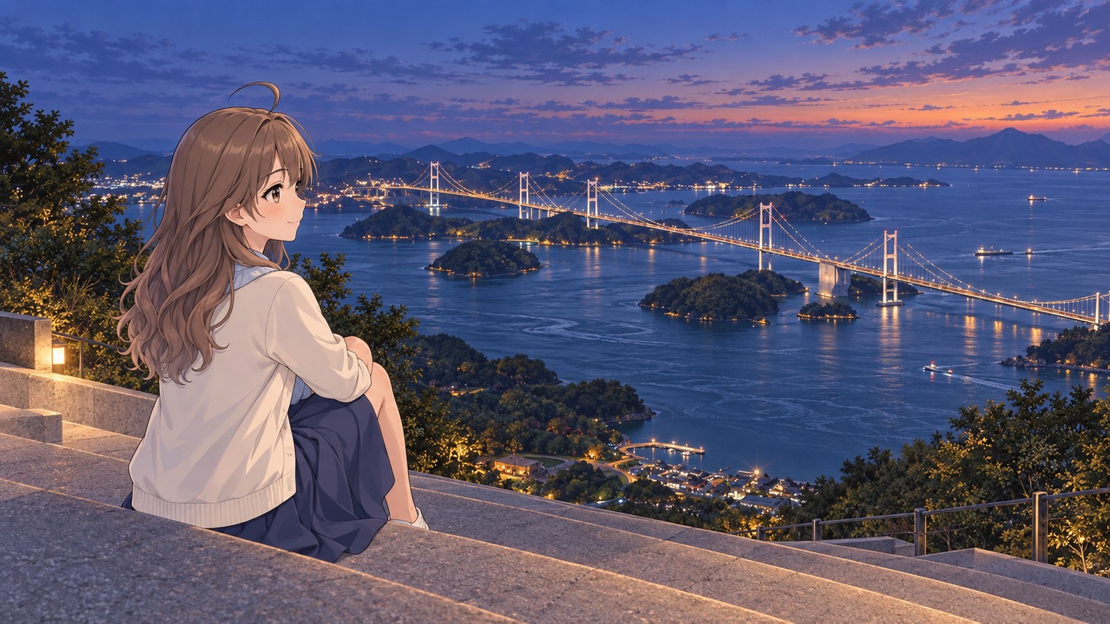 亀老山から見下ろす、日が沈んだあとの来島海峡と灯りのともる三連の吊り橋。階段に座って膝を抱え、橋を眺める主人公