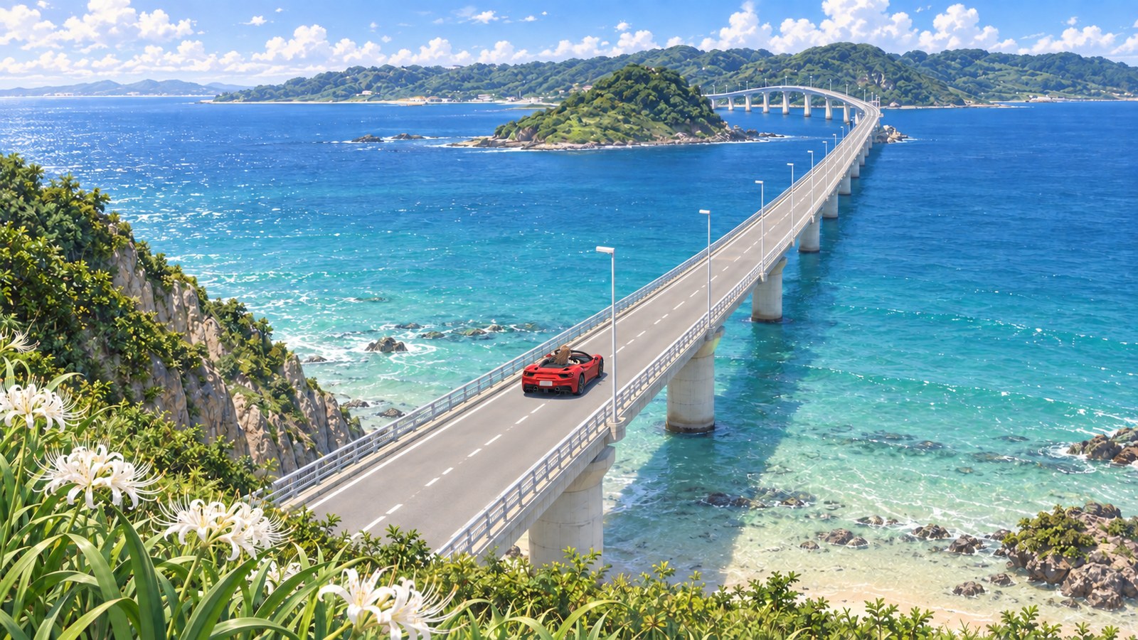 エメラルドとコバルトの海を渡る白い角島大橋。鳩島のそばを赤いオープンカーで走る小さな主人公