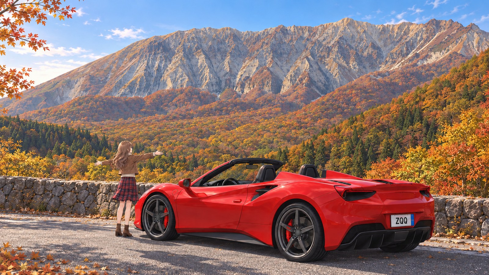 ブナの紅葉の奥にそびえる大山の南壁を、赤いオープンカーのそばで見上げる主人公の後ろ姿