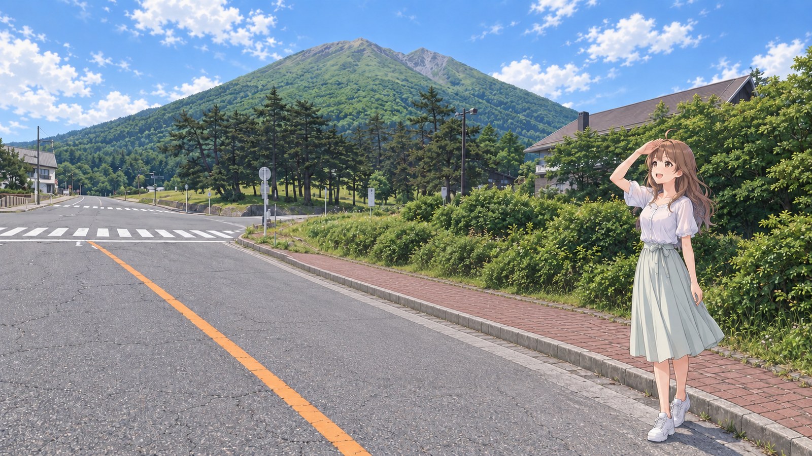 A woman in a white short-sleeved blouse and pale green long skirt shades her eyes and looks up at Mount Daisen beyond the road and trees, from beside the walkway at Masumizu Highland in summer.