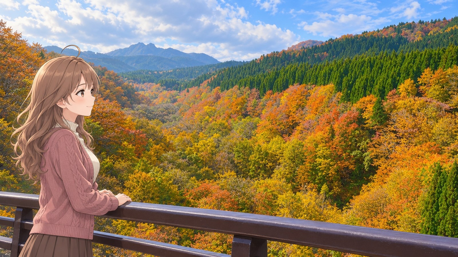 A woman in a dusty-pink cardigan rests one hand on the metal railing of Higashi-Daisen Bridge. A valley of autumn foliage, cedar forest, and distant mountain ridges stretches out before her.