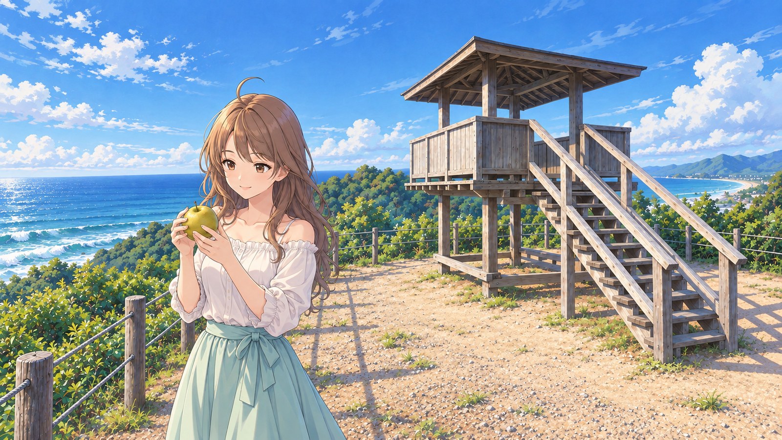 At Keta-no-Saki Lookout Plaza on Hakuto Coast, a woman in a white off-the-shoulder blouse and mint-green skirt examines a pale green pear in both hands. A wooden observation tower and steps stand to the right, with the sea stretching out to the left.